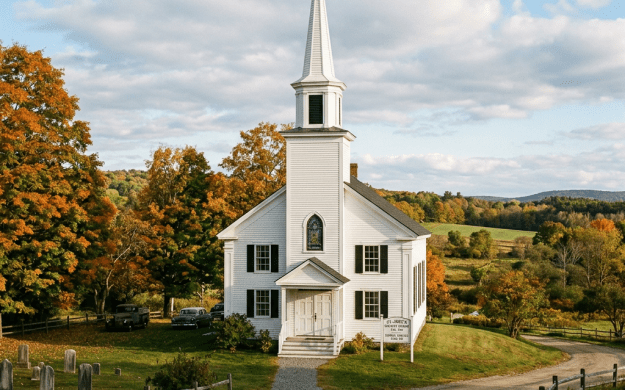 White church with steeple, cemetery, and autumn countryside